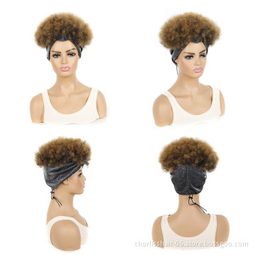 Cheap Short Ombre Puffy Kinky Curly Afro Turban Headband Wig Drawstring Heat Resistance Synthetic Headband Wigs For Black Women